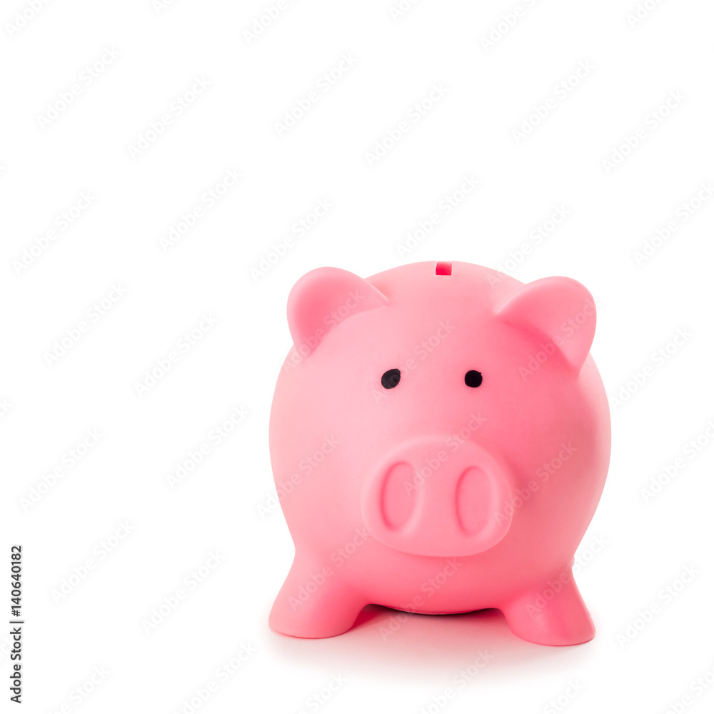 Pink piggy bank on white background. Front view.