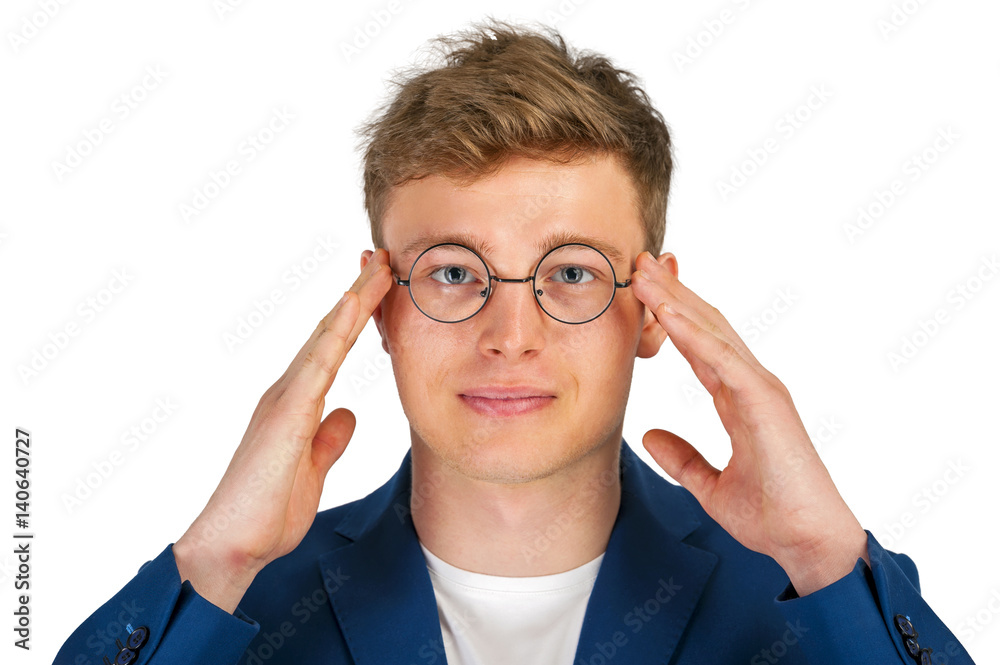 Young man with glasses thinking over white background. Young man with glasses thinking over white background.
