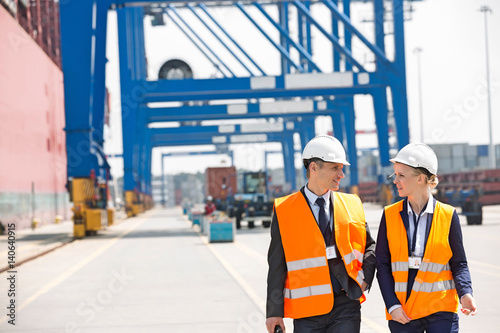 Engineers conversing while walking in shipping yard