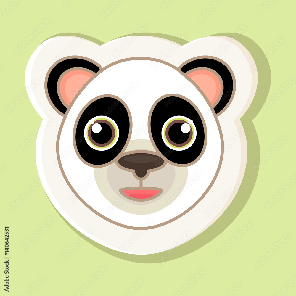 A sticker with a cartoon panda face is isolated on a simple background. An image of a panda with a contour.