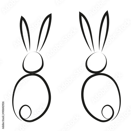 Frohe Ostern - Grußkarte mit zwei süßen Osterhasen, Silhouette aus einfacher schwarzer Linie, Zusammenkunft der Familie