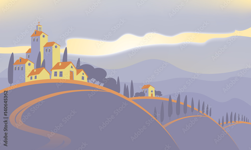 spring landscape with the village of the hills and sky with clouds at sunset and sunrise spring landscape with the village of the hills and sky with clouds at sunset and sunrise