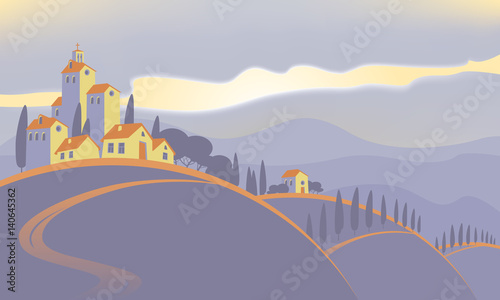 spring landscape with the village of the hills and sky with clouds at sunset and sunrise © paseven