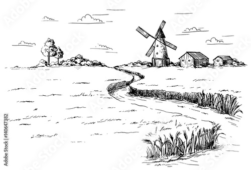 Rural landscape field wheat in graphical style. Hand drawn and converted to vector Illustration.