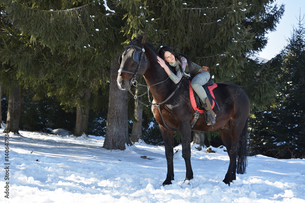 young woman riding horse outdoor in winter young woman riding horse outdoor in winter