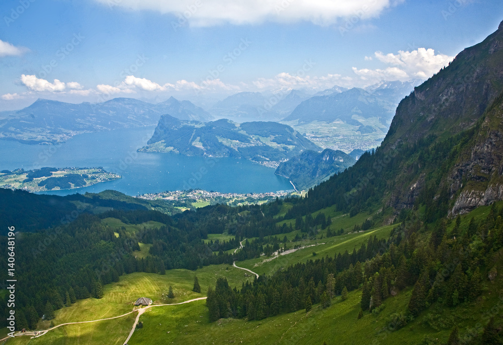 Descending from Mount Pilatus in cablecar. Looking down on Lake Lucerne with Beurgenstock in the background.