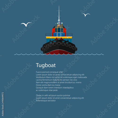 Front View of the Vessel Tugboat,Tow Boat and Text, Push Boat for to Towage and Mooring of Other Courts ,Poster Brochure Flyer Design, Vector Illustration