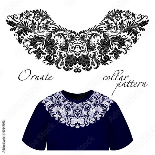 Vector design for collar shirts, shirts, blouses, T-shirt. One colors ethnic flowers neck. Paisley decorative border