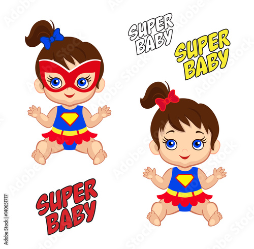 Illustration cute baby girl in the costume of a superhero.