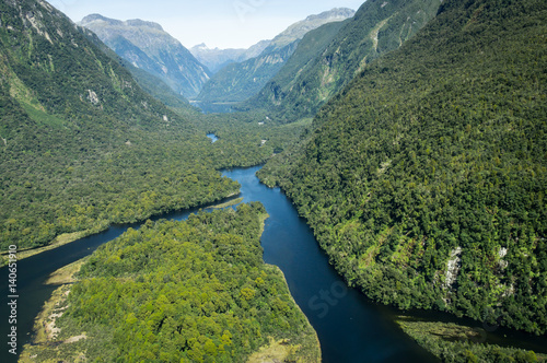 Aerial view on rivers at Milford Sound, New Zealand photo