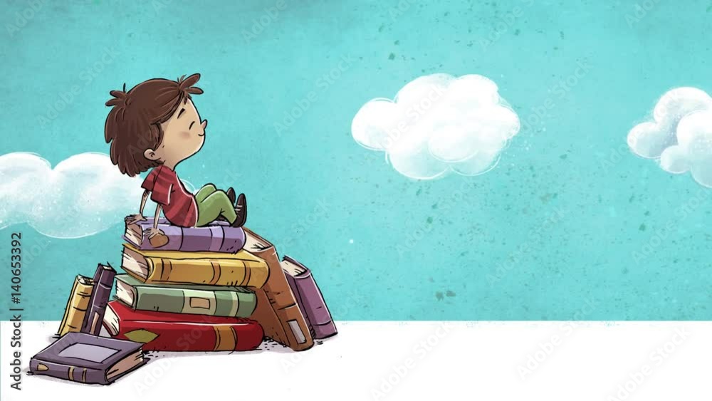 Niño con muchos libros sentado con fondo de nubes