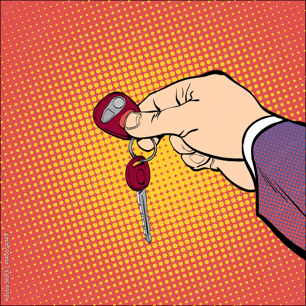 Vettoriale Stock Man holding car keys. Hand hold keys. Hand with a car