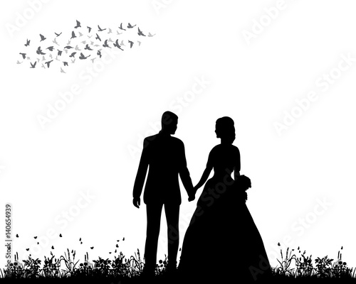 Billede på lærred isolated, silhouette of the bride and groom, wedding