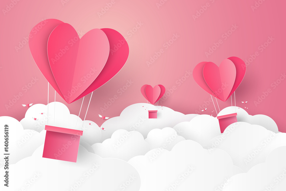 Valentines day , Illustration of love , Hot air balloon in a heart shape flying on sky , paper art style