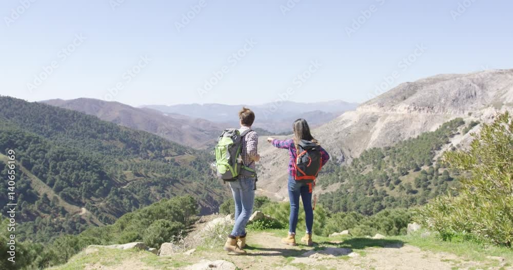 Back view of young couple enjoying picturesque views from the top of the mountain in summer time. Back view of young couple enjoying picturesque views from the top of the mountain in summer time.