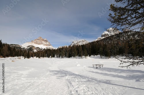 Winter Landscape, Tre Cime di Lavaredo, Drei Zinnen, view from Antorno lake in Dolomites, Veneto, Italy.