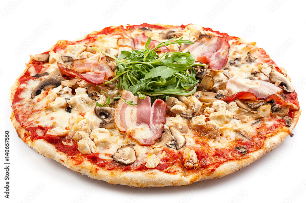 Meat pizza with slice isolated on white background Meat pizza with slice isolated on white background