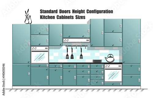 Graphic table with standard door sizes, kitchen cabinets planner