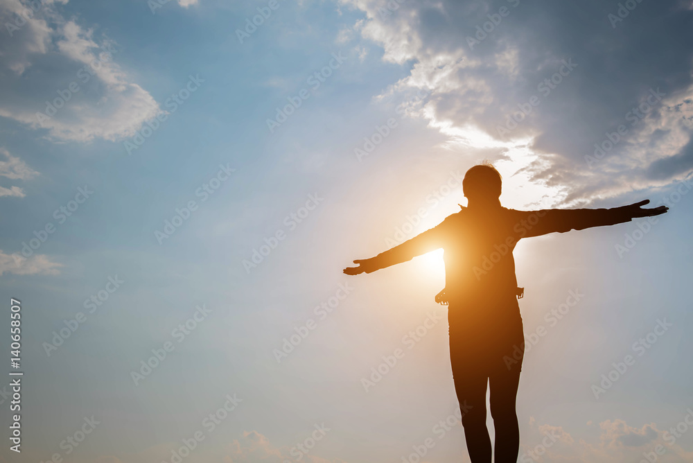 Silhouette Woman Stand Looking At The Sky Silhouette Woman Stand Looking At The Sky