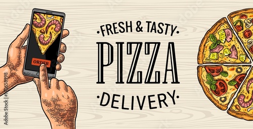 Vertical banner hands touching a mobile phone for order pizza