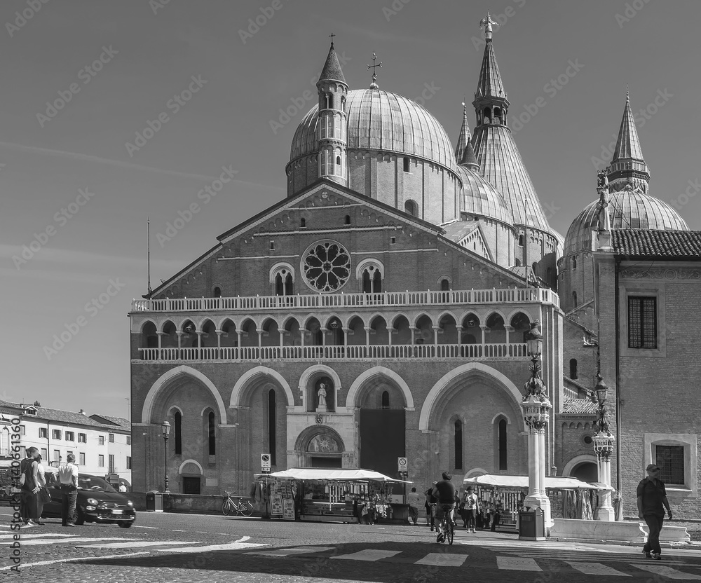 The facade of the famous Basilica di Sant'Antonio in Padua, Italy, in black and white
