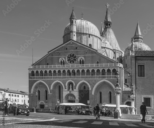 The facade of the famous Basilica di Sant'Antonio in Padua, Italy, in black and white