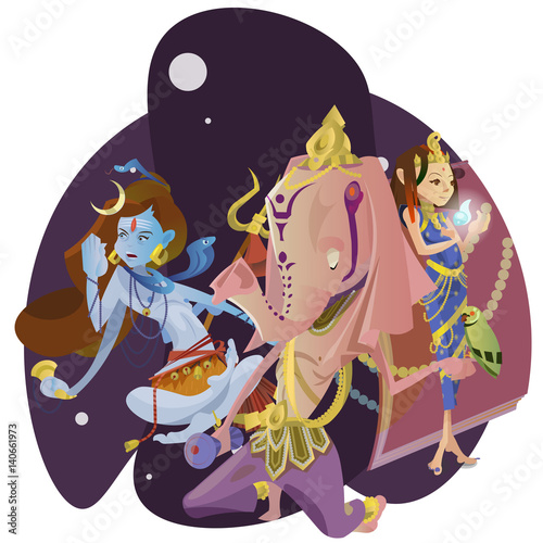 Set of isolated Indian Gods meditation in yoga poses lotus and Goddess hinduism religion, traditional asian culture spiritual mythology, deity worship festival vector illustrations, T-shirt concepts