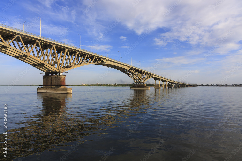 Saratov Bridge crosses the Volga River and connects Saratov and Engels, Russia (length is 2,803.7 meters) Saratov Bridge crosses the Volga River and connects Saratov and Engels, Russia (length is 2,803.7 meters)