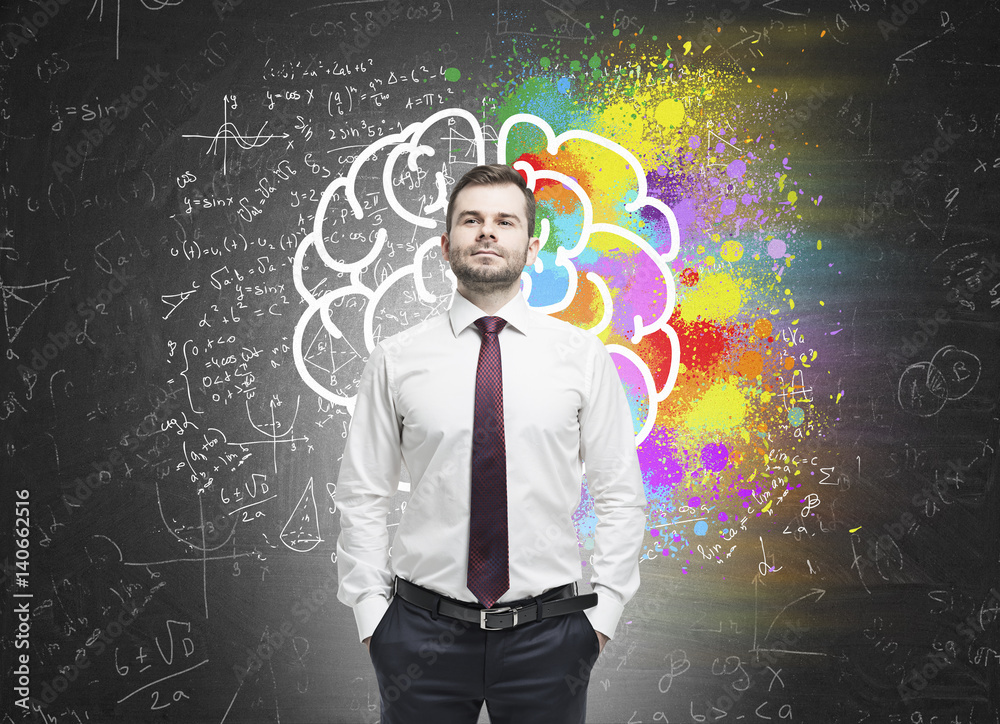 Confident man and colorful brain sketch Confident man and colorful brain sketch