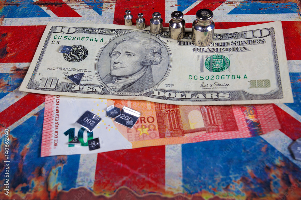 euro and american dollar on British flag