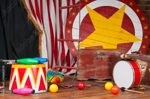 Circus backstage in retro style, drum suitcase. Interior.