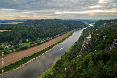 Panoramic view from the Bastei over the Elbe valley, Elbe Sandstone Mountains, Rathen, Saxon Switzerland National Park, Nationalpark Sachsische Schweiz, Germany, Europe © Jakub