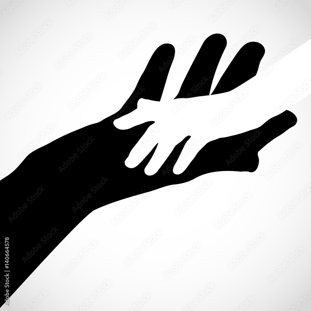 Black color big hand and white small hand concept. Help symbol hands support emblem. Hands icon illustration. Education, health care, medical, design element. Black color big hand and white small hand concept. Help symbol hands support emblem. Hands icon illustration. Education, health care, medical, design element.