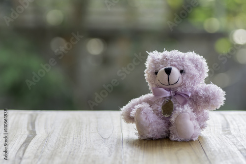 Purple teddy bear sitting on wood, background bokeh