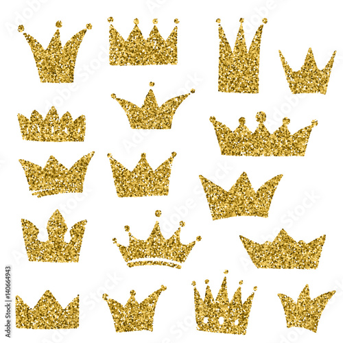 Set of hand-drawn crowns in doodle style. Cold glitter texture. Golden gloss effect. Sparkling diadems.