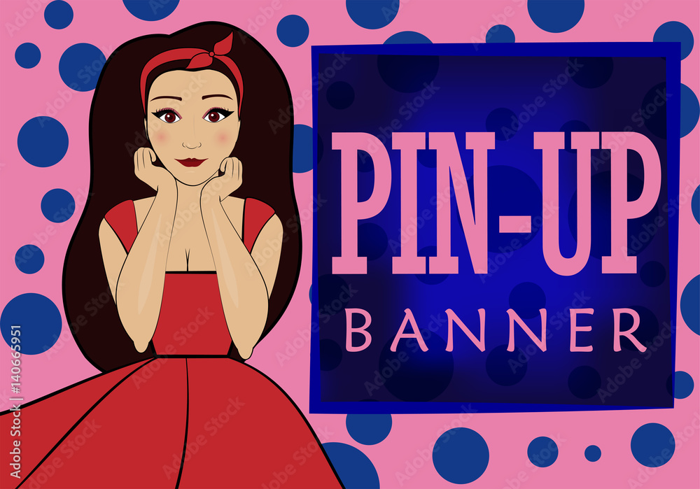pink and blue banner with space for text in the style of pin-up . Funny brunette woman in a red dress.