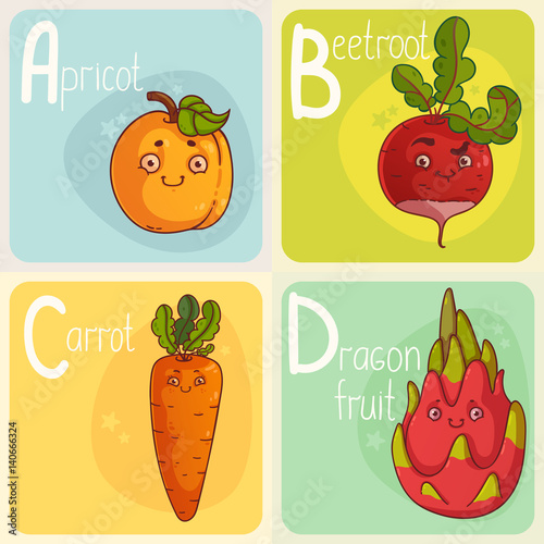 Cute Vegetable and Fruit Alphabet. Cartoon Characters