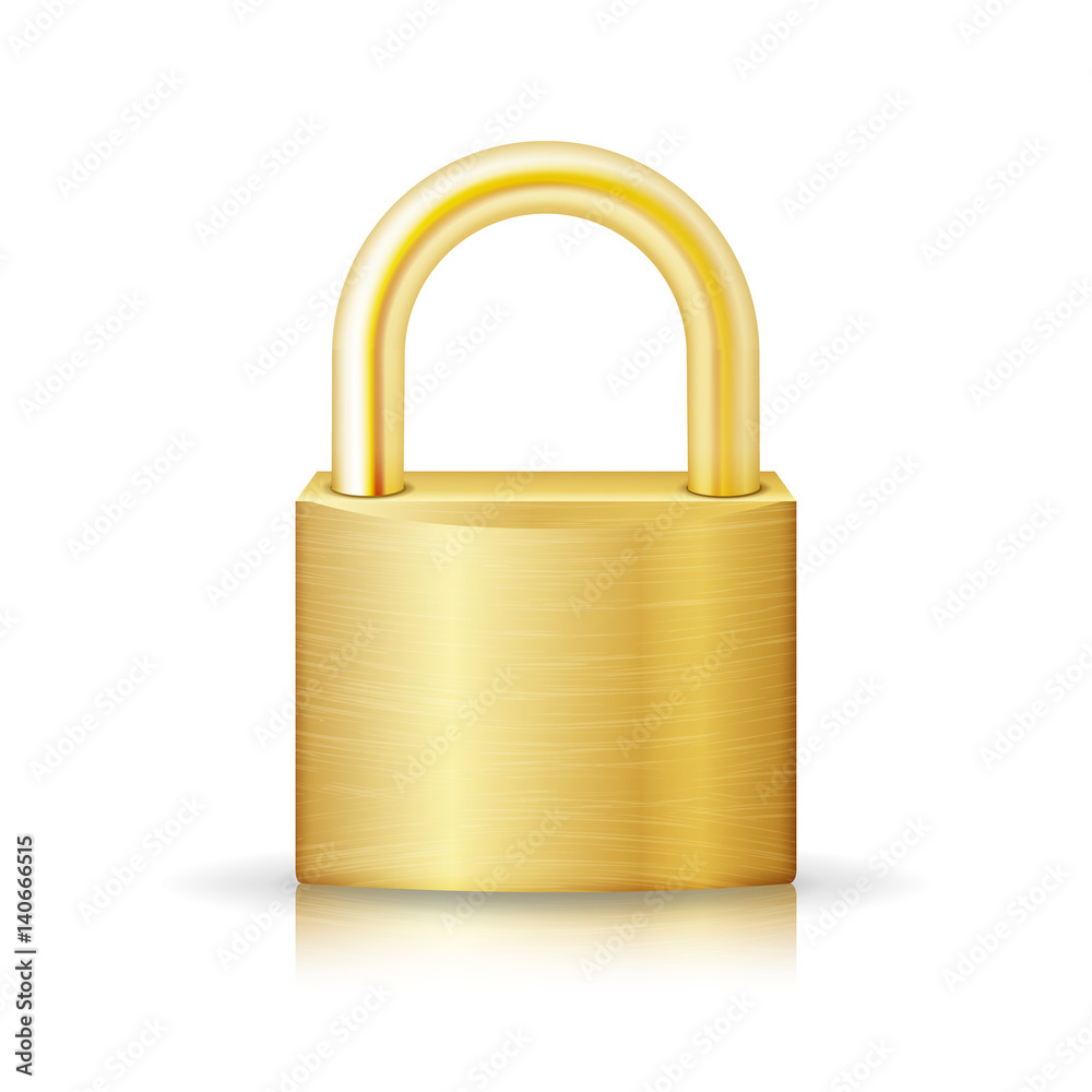 Closed Lock Security Gold Icon Isolated On White. Realistic Protection Privacy Sign Closed Lock Security Gold Icon Isolated On White. Realistic Protection Privacy Sign
