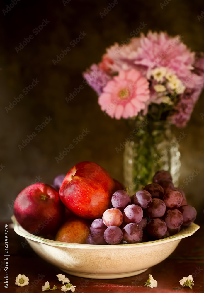 Still life apples and grapes in black and white Still life apples and grapes in black and white