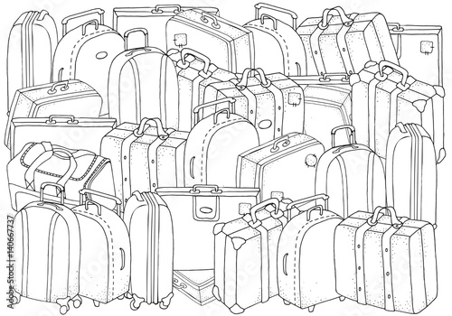 Set of Bags and suitcases. Coloring book page for adult and children. Black and white. Doodle style photo