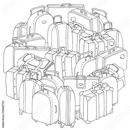 Circle pattern with set of Bags and suitcases. Coloring book page for adult and children. Black and white. Doodle style photo