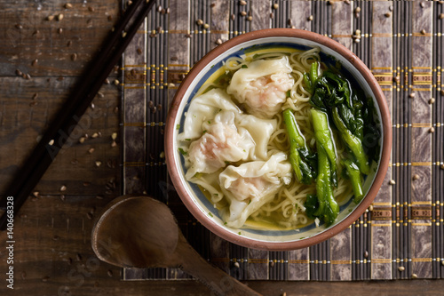 shrimp wonton noodle soup with choy sum photo