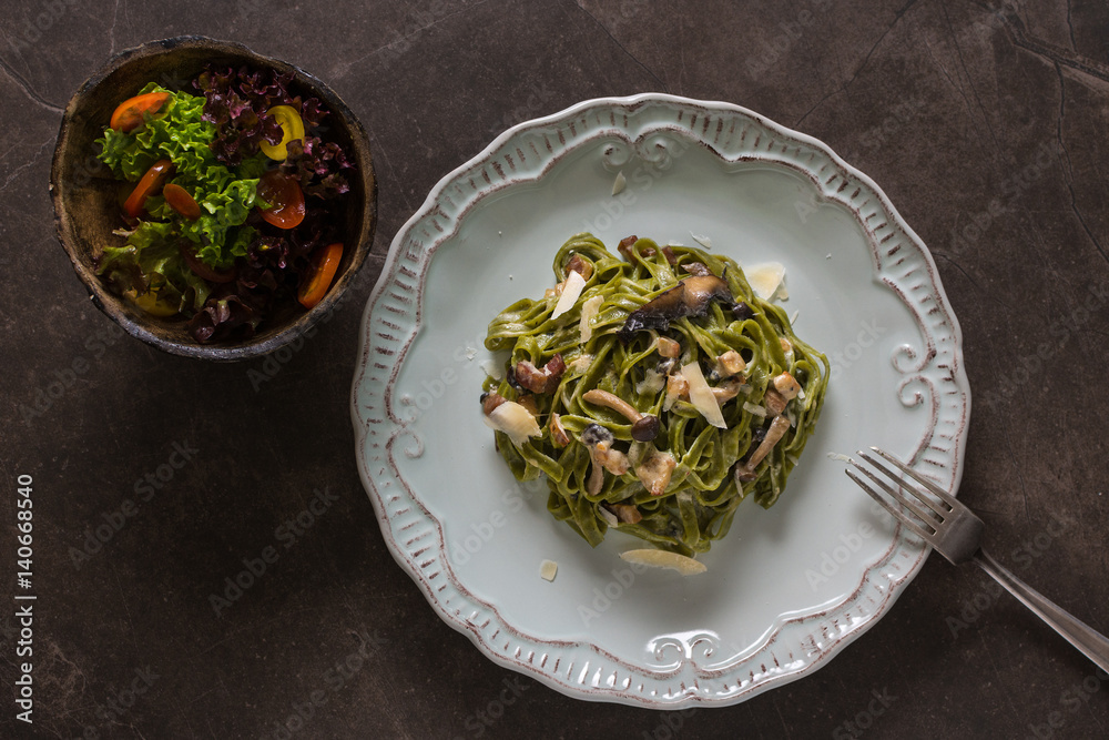 Green Spinach Pasta Tagliatelle with Bacon, Brown Shimeji Mushrooms and Parmesan Cheese