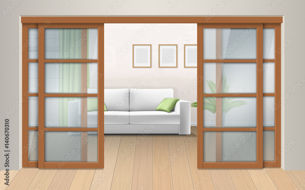 Fototapeta premium Living room interior with sliding doors. Entrance to the room from the corridor. Vector realistic illustration.