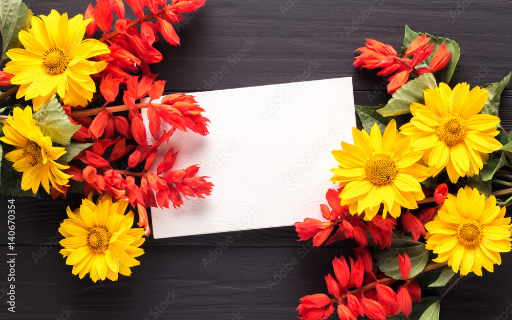 frame of flowers, background black boards frame of flowers, background black boards
