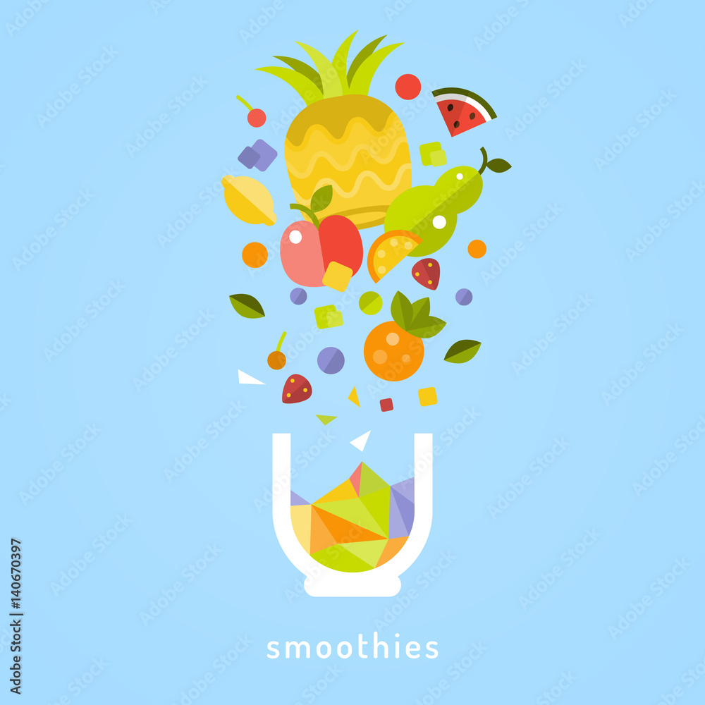 Fototapeta premium Healthy food. Fruit. Cup fresh smoothies. Vector flat illustration.