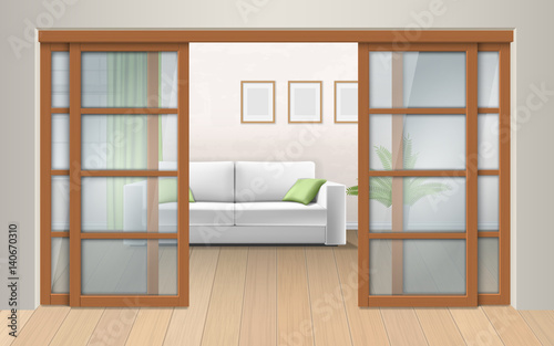 Living room interior with sliding doors. Entrance to the room from the corridor. Vector realistic illustration.
