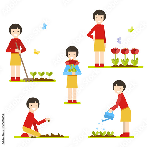 Growing flowers. Girl planting, watering the flowers. Vector flat illustration.