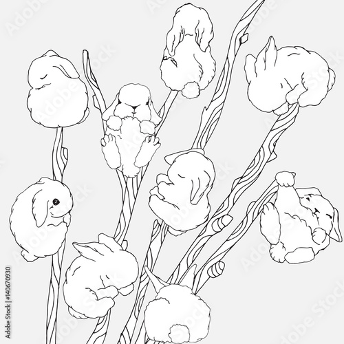 Set of tall pussy willow sprays with cute little fluffy bunnies.