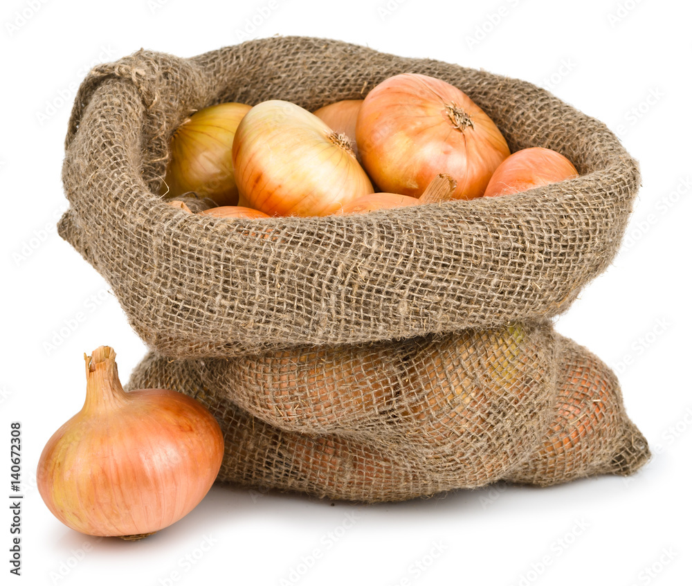 Onions in burlap sack StockFoto Adobe Stock